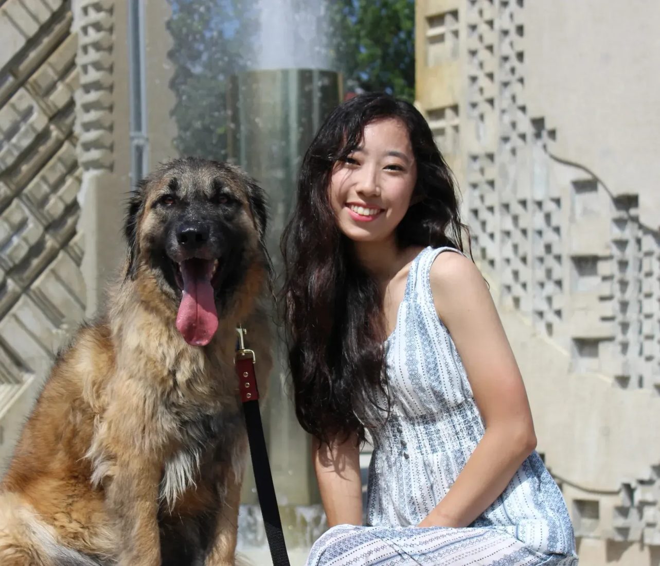 Woman sitting with a large brown dog outdoors near a decorative wall